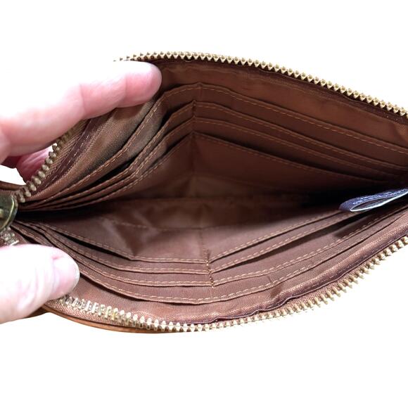 Kooba zipper top leather patchwork wristlet pouch cosmetics bag tan multicolor - Picture 3 of 5